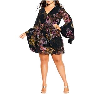 City Chic Malaga Floral Mini Dress in Black size S/16 Bell Sleeve Faux Wrap